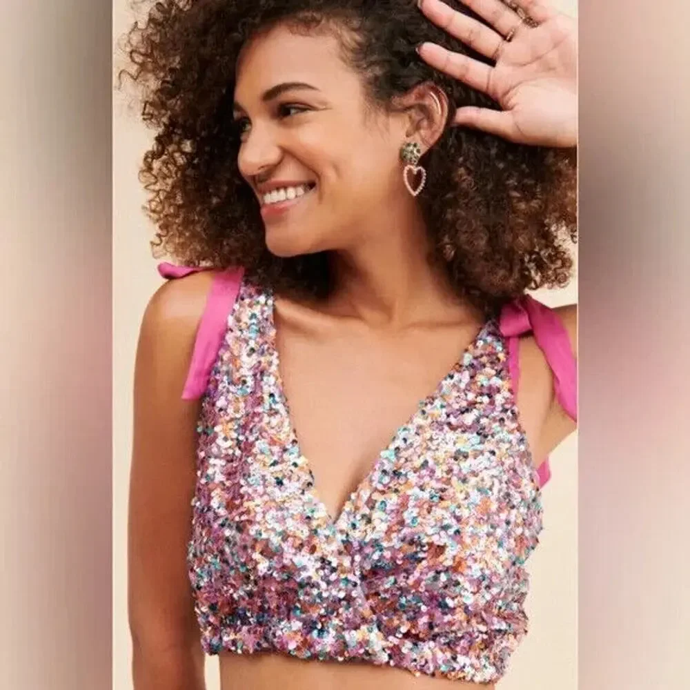 NEW Free People Intimately Big Night Sequin Crop Top Pink Women's Small
